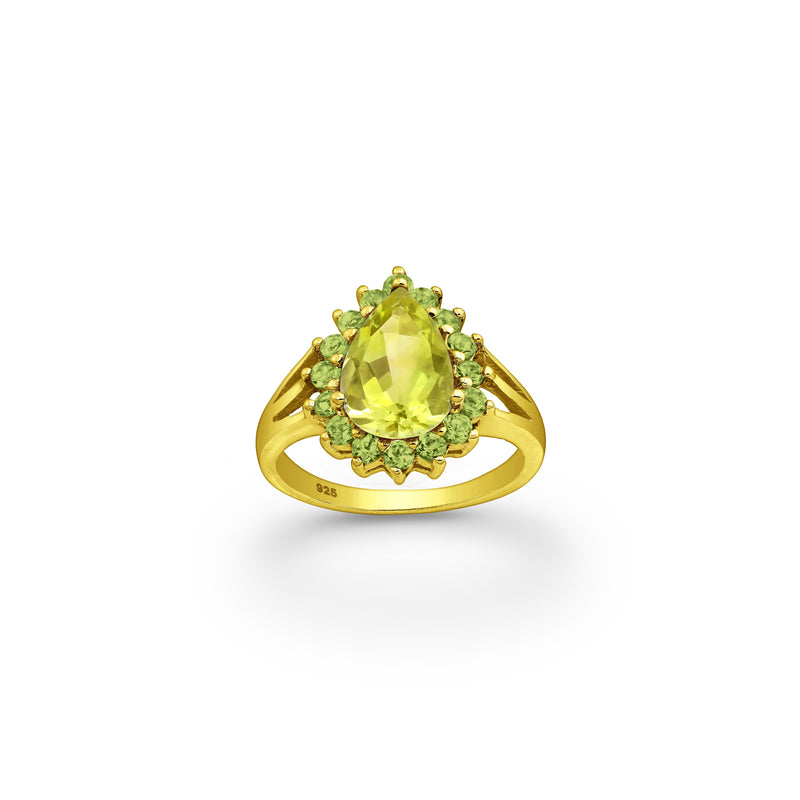 Lemon Quartz and Peridot Halo Crystal Ring