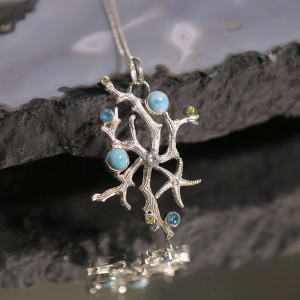 Coral Reef Necklace With Larimar, Blue Topaz, White Topaz, and Peridot