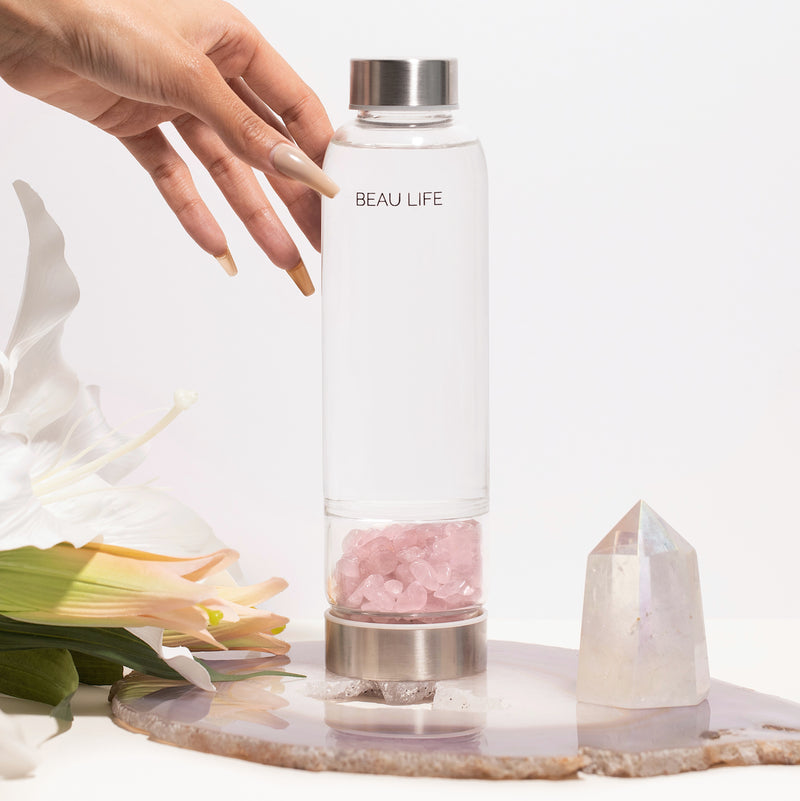 Rose Quartz Pebbles Crystal Water Bottle